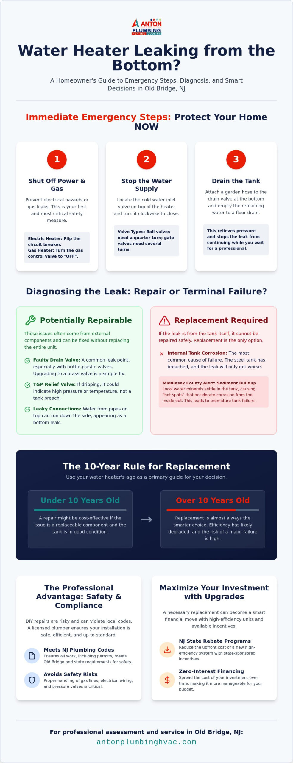 Water Heater Leaking from Bottom in Old Bridge: Repair vs. Replace Guide