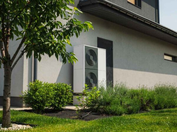 A heat pump on the side of the house.